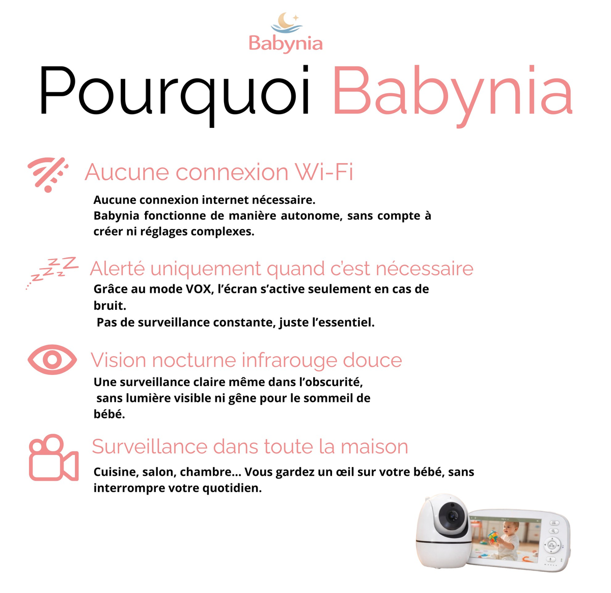 Babynia – Babyphone Vidéo 5 Pouces – Sans Wi-Fi – Vision Nocturne – Autonomie Longue – VOX